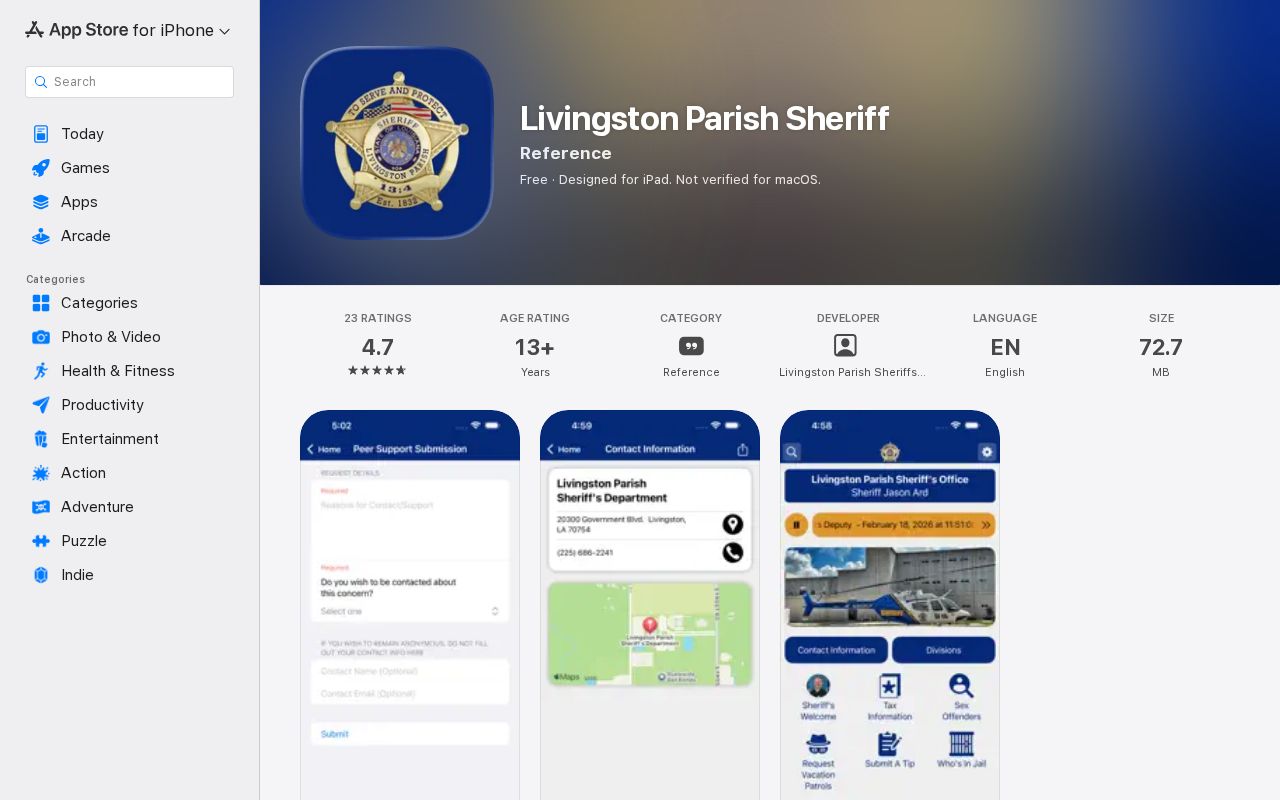 Livingston Parish 24-hour release research showing the official sheriff app listing